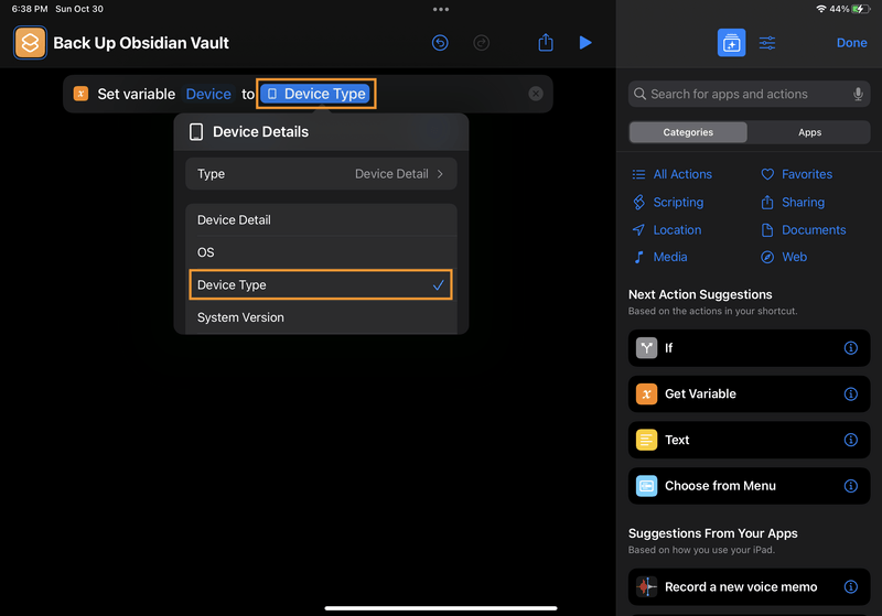 iPad screenshot of Shortcuts. The user tapped on "Device Type", which opened a menu of more specific options to choose from. The "Device Type" option is checked.