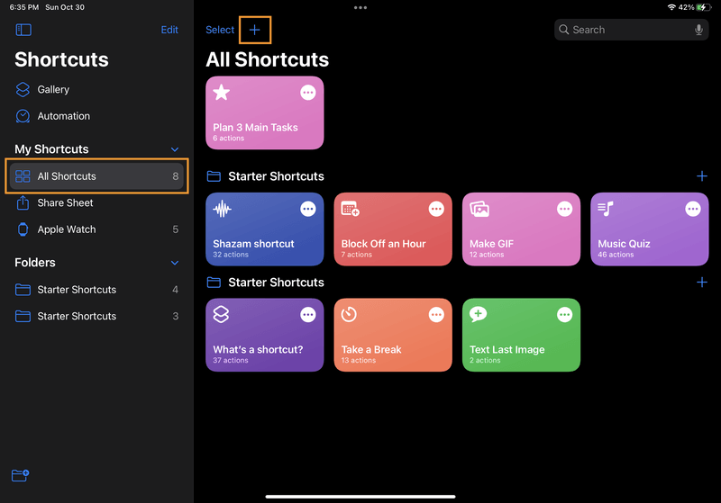 iPad screenshot of the Shortcuts app. The "All Shortcuts" page is selected from the sidebar, and the "+" icon is highlighted.