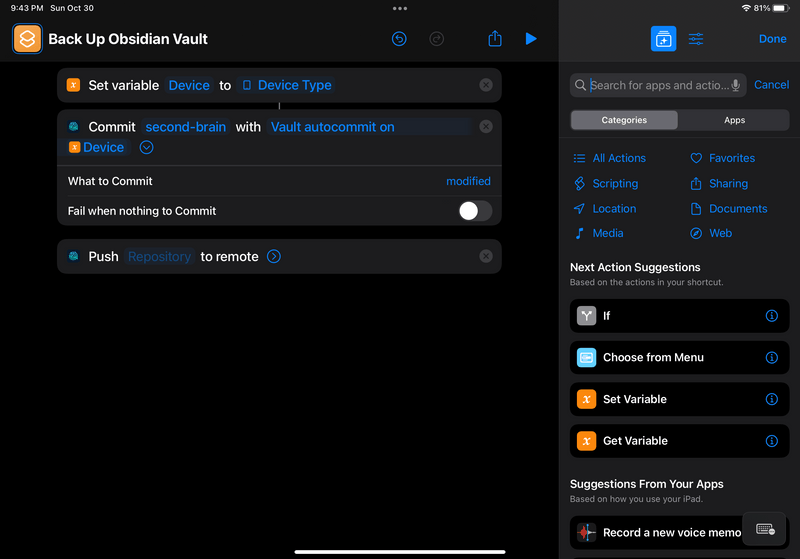 iPad screenshot of Shortcuts. The new shortcut's list of actions shows a new action at the bottom: "Push [Repository] to remote". The word "Repository" is a clickable placeholder.