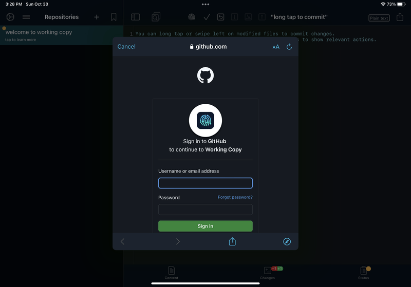 iPad screenshot of Working Copy, in the GitHub authentication modal. There's a form to "Sign in to GitHub to continue to Working Copy", with fields to enter a username and password.
