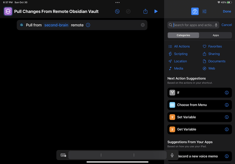 iPad screenshot of Shortcuts. The new shortcut is named "Pull Changes From Remote Obsidian Vault", and it contains one action: "Pull from second-brain remote".