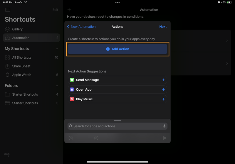iPad screenshot of Shortcuts. In the "Actions" modal, the "Add Action" button is highlighted.