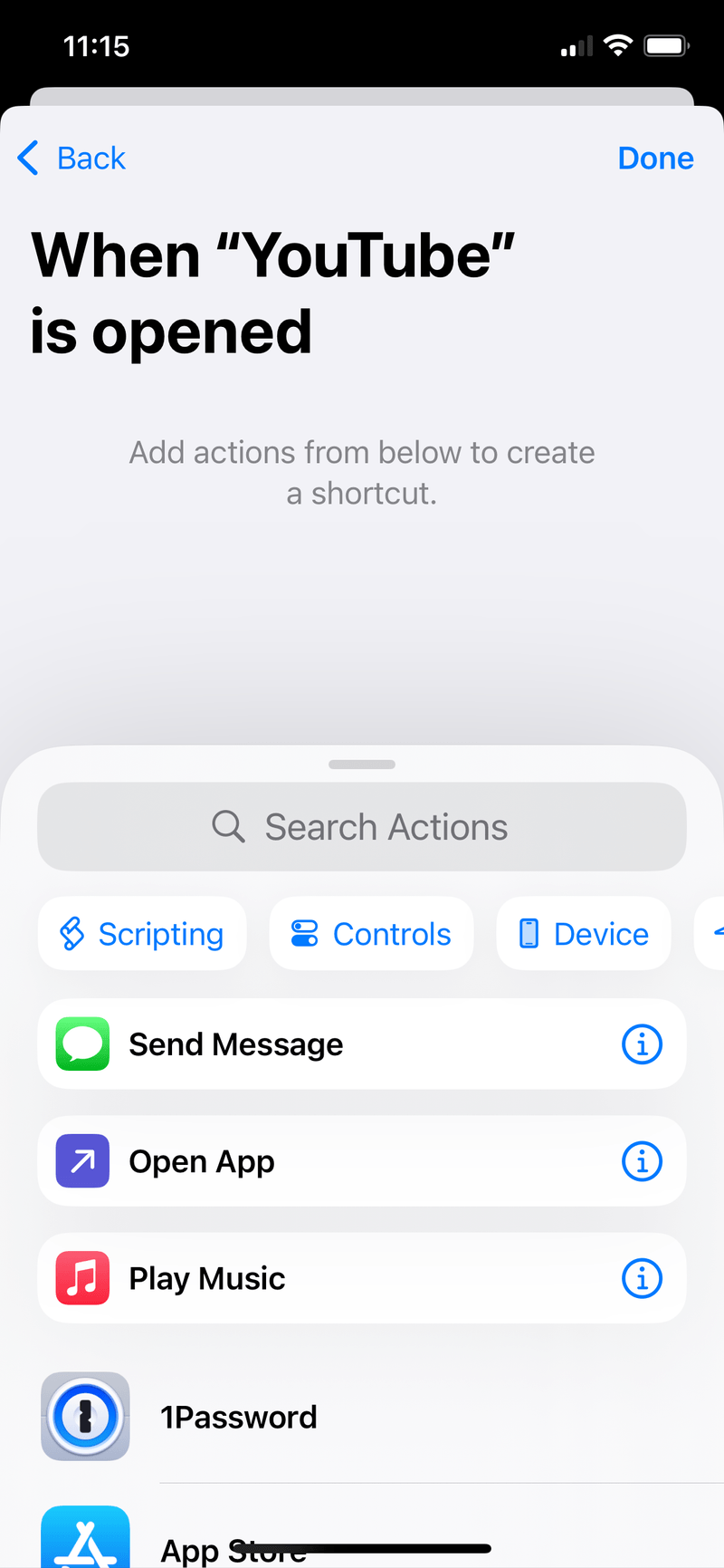 iPhone screenshot of the empty Shortcut