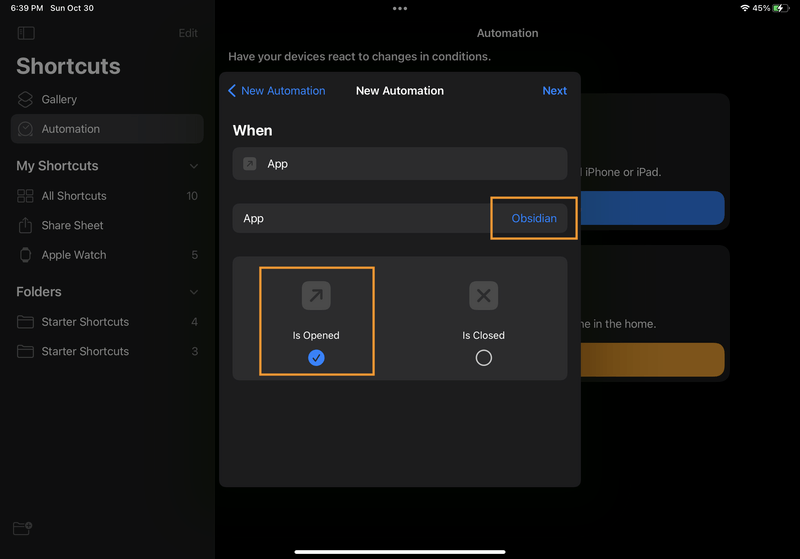 iPad screenshot of Shortcuts. In the "New Automation" modal, the "App" setting has been changed to "Obsidian". The "Is Opened" box is checked, and the "Is Closed" box is unchecked.