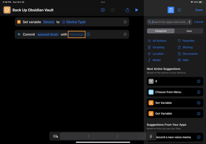 iPad screenshot of Shortcuts. The "Message" placeholder in the Commit action is highlighted.
