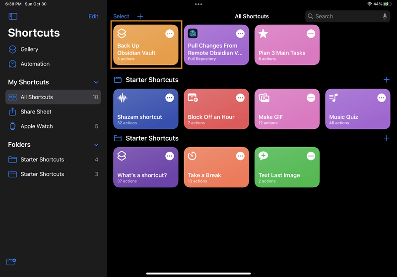 iPad screenshot of Shortcuts. On the "All Shortcuts" page, there's a new shortcut for backing up an Obsidian vault.
