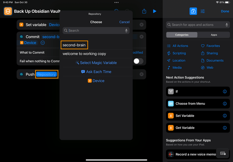 iPad screenshot of Shortcuts. The user clicked the "Repository" placeholder, which opened a modal showing the available repositories from Working Copy. The "second-brain" repo is highlighted.