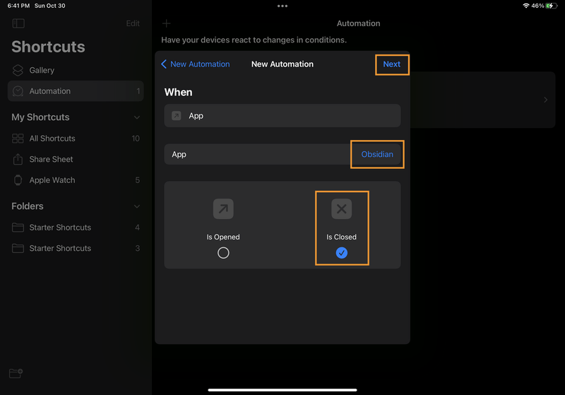 iPad screenshot of Shortcuts. In the "New Automation" modal, "App" is set to "Obsidian", the "Is Opened" box is unchecked, and the "Is Closed" box is checked.