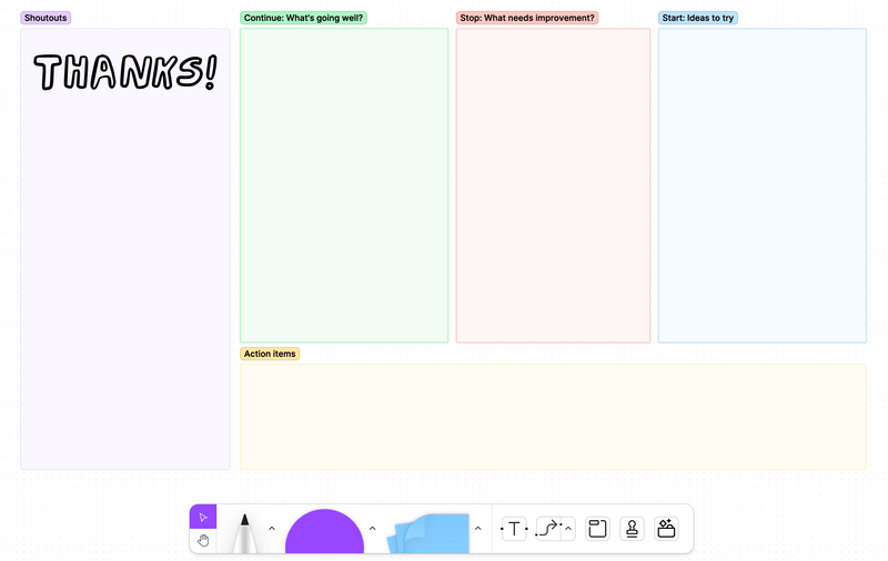 A screenshot of an empty retro board in FigJam. It has separate sections labeled, "Shoutouts", "Continue: What's going well?", "Stop: What needs improvement?", "Start: Ideas to try", and "Action items".