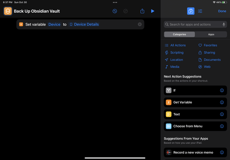 iPad screenshot of Shortcuts. The new action now has a single action that says, "Set variable Device to Device Details".