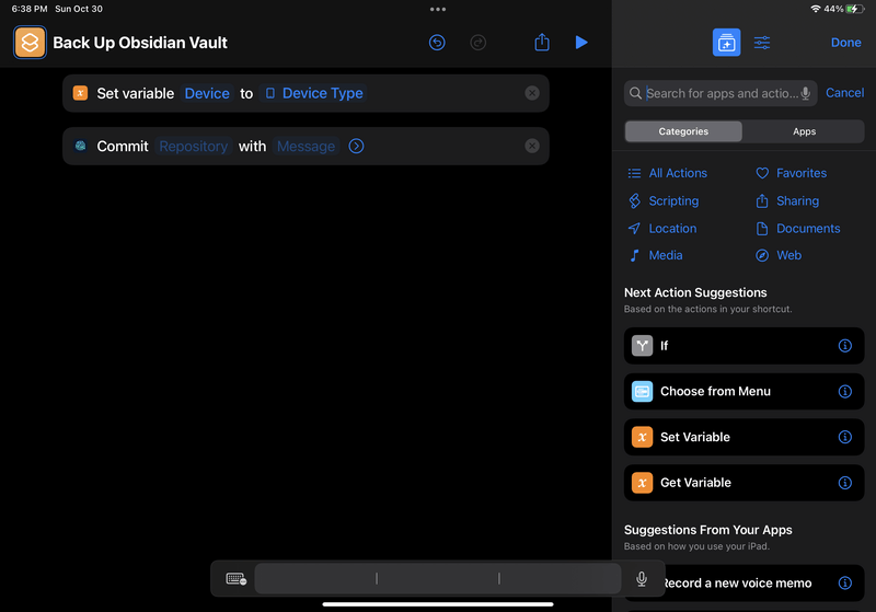 iPad screenshot of Shortcuts. At the bottom of the actions list, there's a new action: "Commit [Repository] with [Message]". "Repository" and "Message" are clickable placeholder values.
