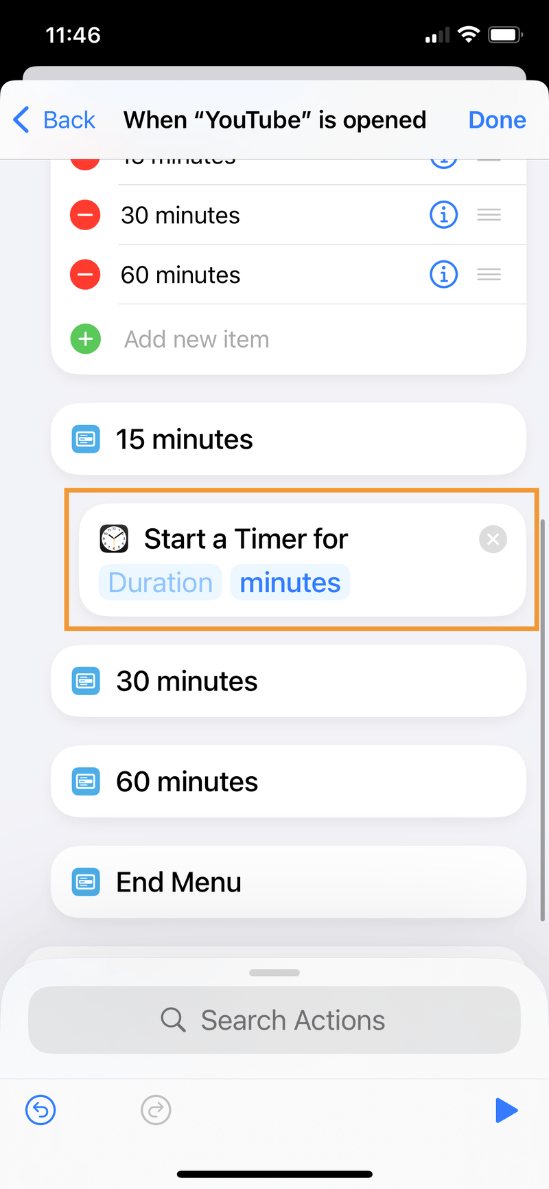 iPhone screenshot of the Start Timer block moved to be under the "15 minutes" menu option