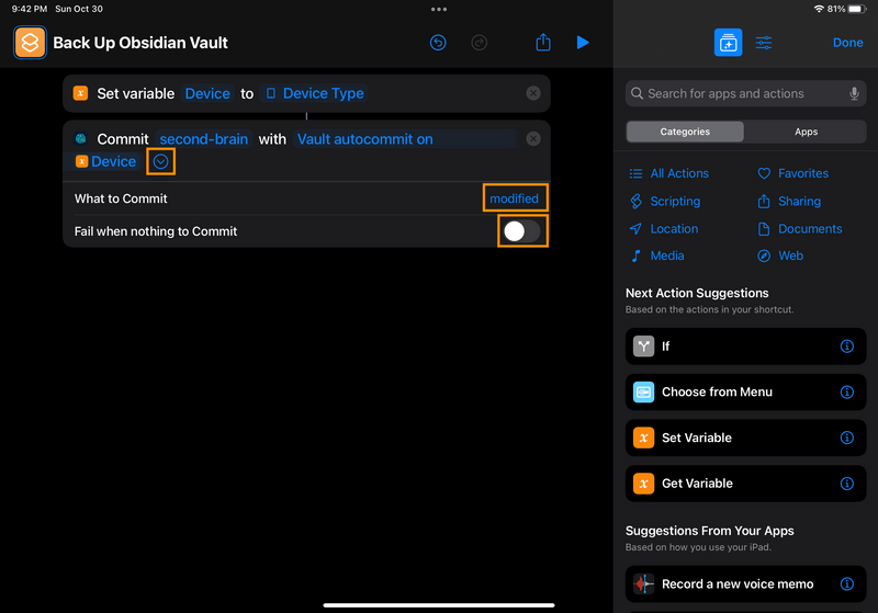 iPad screenshot of Shortcuts. The user has clicked the arrow to show advanced options on the Commit action. "What to Commit" is set to "modified", and the "Fail when nothing to Commit" toggle is turned off.