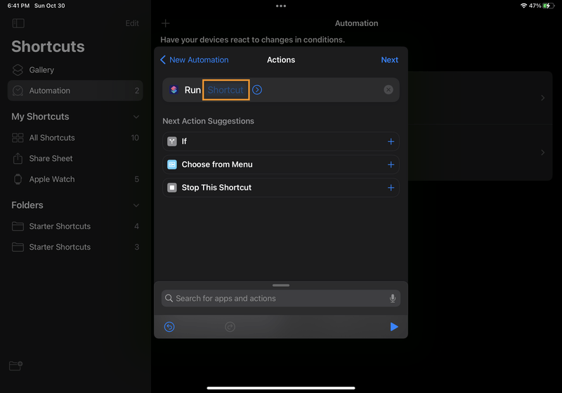 iPad screenshot of Shortcuts. In the "Actions" modal, there's an action listed called "Run [Shortcut]", where "Shortcut" is a clickable placeholder.