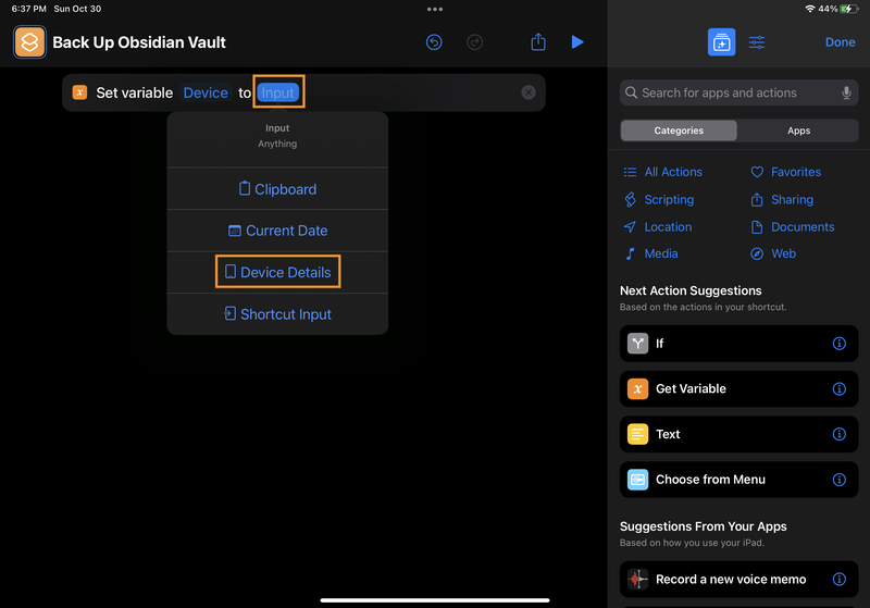 iPad screenshot of Shortcuts. The user clicked on the "Input" placeholder, which opened a menu of options to choose from. The "Device Details" menu option is highlighted.