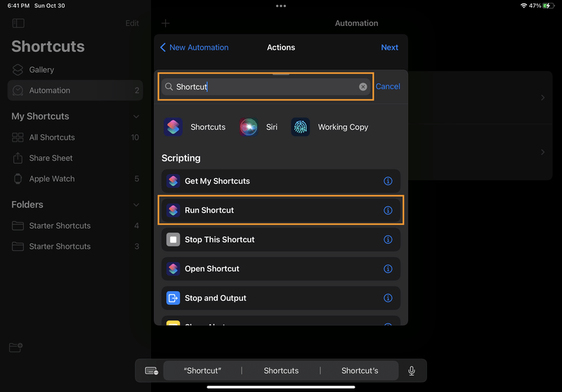 iPad screenshot of Shortcuts. In the "Actions" modal, the user has entered "Shortcut" in the search bar. The search result called "Run Shortcut" is highlighted.
