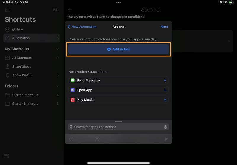 iPad screenshot of Shortcuts. In the "Actions" modal, the "Add Action" button is highlighted.