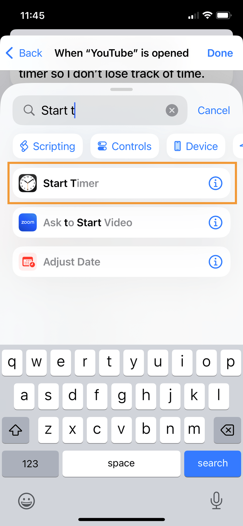 iPhone screenshot of the Shortcut search box, with the Start Timer result highlighted