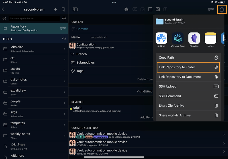 iPad screenshot of Working Copy, inside the "second-brain" repo. The share icon has been clicked, which opened a menu of share options. The "Link Repository to Folder" menu option is highlighted.