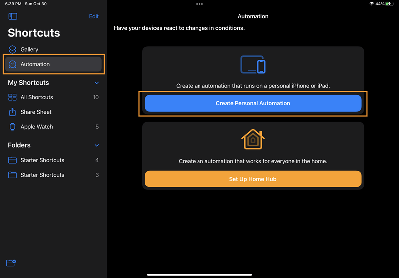 iPad screenshot of the Shortcuts app. The "Automation" page is selected in the sidebar, and the "Create Personal Automation" button is highlighted.