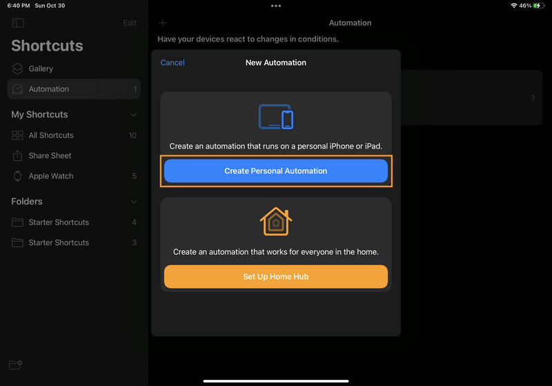 iPad screenshot of Shortcuts. In the "New Automation" modal, the "Create Personal Automation" button is highlighted.