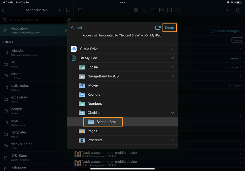 iPad screenshot of Working Copy. There's a folder selection modal open. The "On My iPad" / "Obsidian" / "Second Brain" folder is selected.