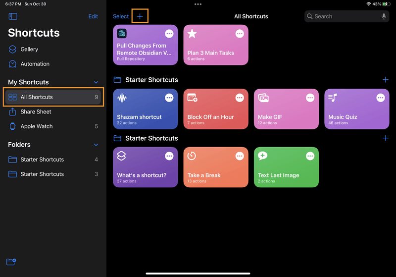 iPad screenshot of Shortcuts. The "All Shortcuts" page is selected in the sidebar, and the "+" icon to create a new shortcut is highlighted.
