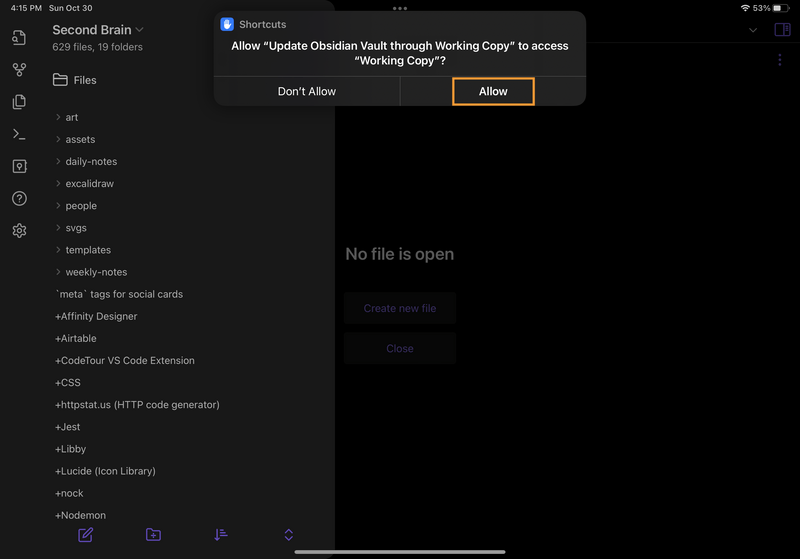 iPad screenshot of Obsidian. The iPad notification has been expanded to show confirmation options. The "Allow" option is highlighted.