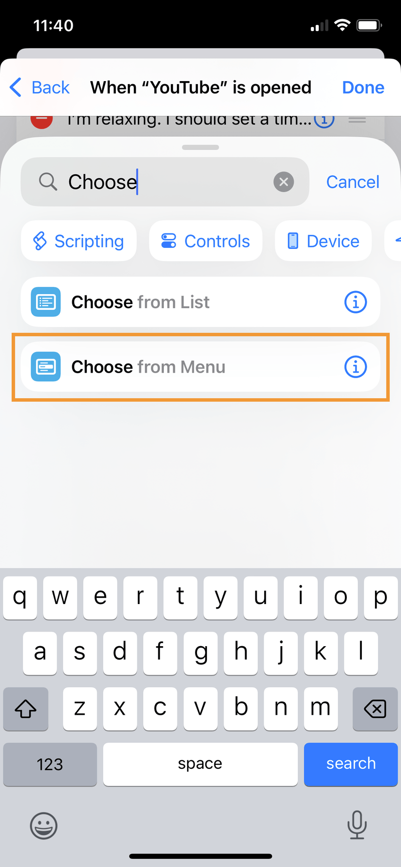 iPhone screenshot of the Shortcut search box, with the search text, "Choose". The "Choose from Menu" search result is highlighted.