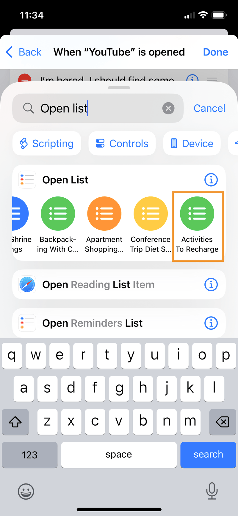 iPhone screenshot of the search box, with the search text, "Open list". The search results show a list of Reminders lists that the user can choose to open. The Activities To Recharge list is highlighted.