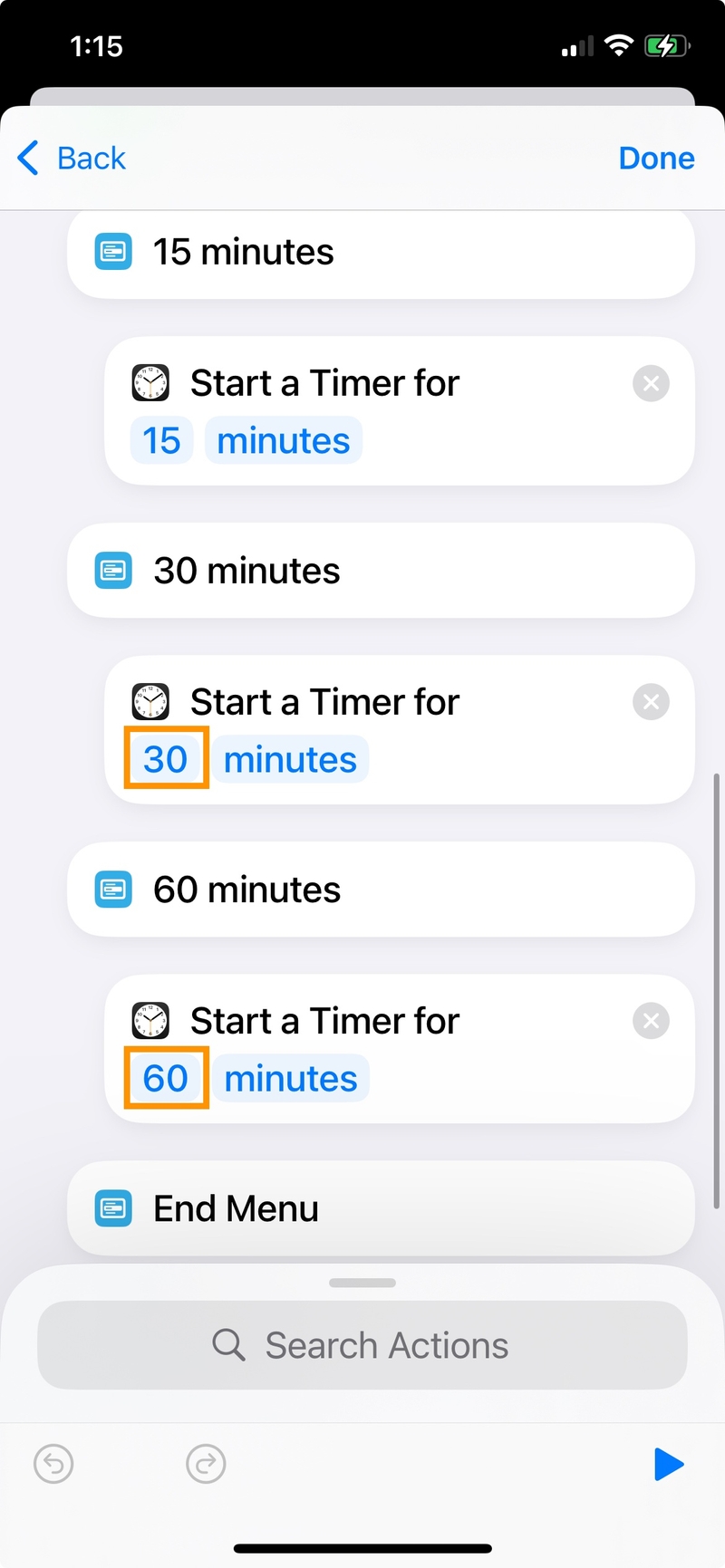 iPhone screenshot of the Shortcut body. Under the 30 minutes menu option, there's a Start Timer block for 30 minutes. Under the 60 minutes menu option, there's a Start Timer block for 60 minutes.