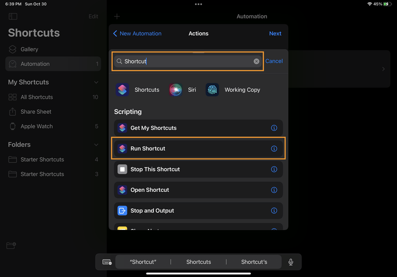 iPad screenshot of Shortcuts. In the "Actions" modal, the user has typed "Shortcut" into the search bar. The search results show an option called "Run Shortcut", which is highlighted.