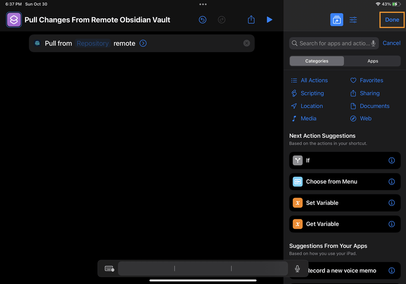 iPad screenshot of Shortcuts. The new shortcut has one action, "Pull from [Repository] remote". The word "Repository" is clickable.