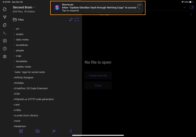 iPad screenshot of Obsidian. There's an iPad notification from Shortcuts that says "Allow 'Update Obsidian Vault through WOrking Copy' to access ... Tap to respond."