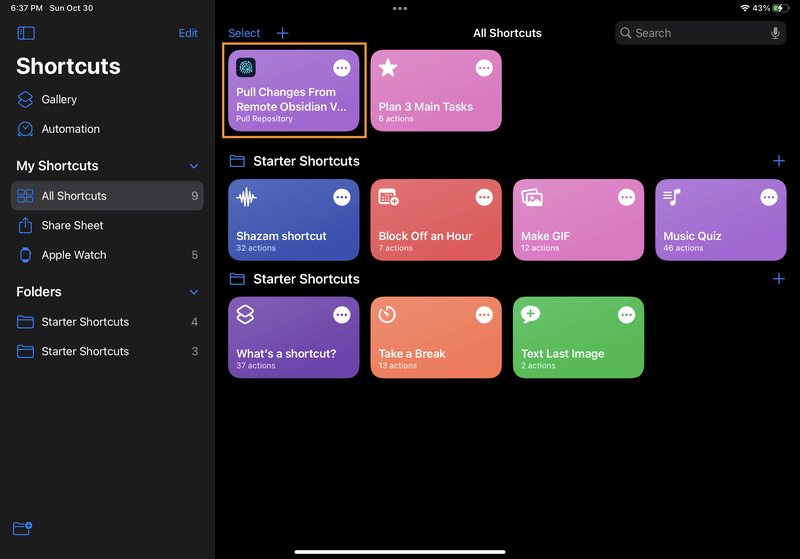 iPad screenshot of the Shortcuts "All Shortcuts" page. There's now a new shortcut box in the grid for the pull changes shortcut the user just created.