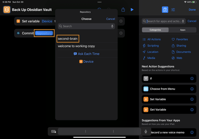 iPad screenshot of Shortcuts. The user clicked the "Repository" placeholder, which opened a modal showing the available repos from Working Copy. The "second-brain" repo is highlighted.