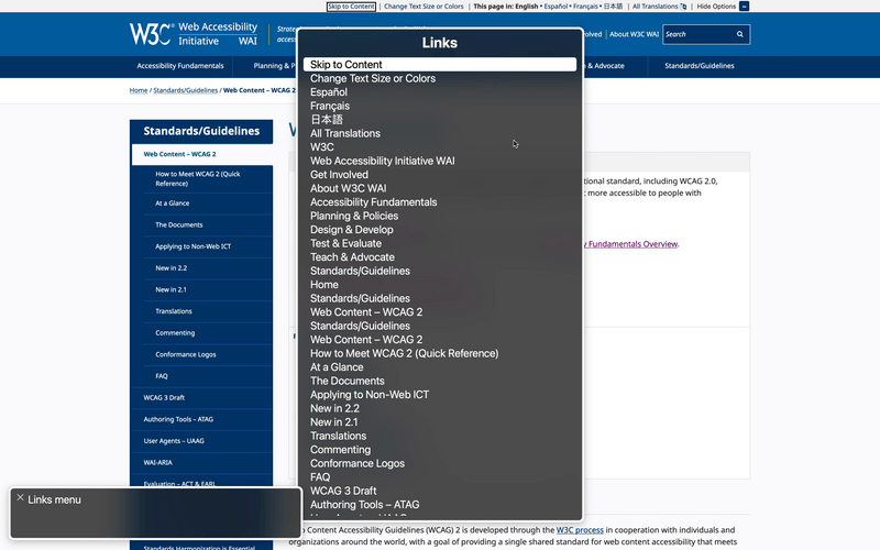 The VoiceOver Links menu on the WCAG Overview page. Some of the listed link names include "Accessibility Fundamentals", "Planning & Policies", "Web Content - WCAG 2".