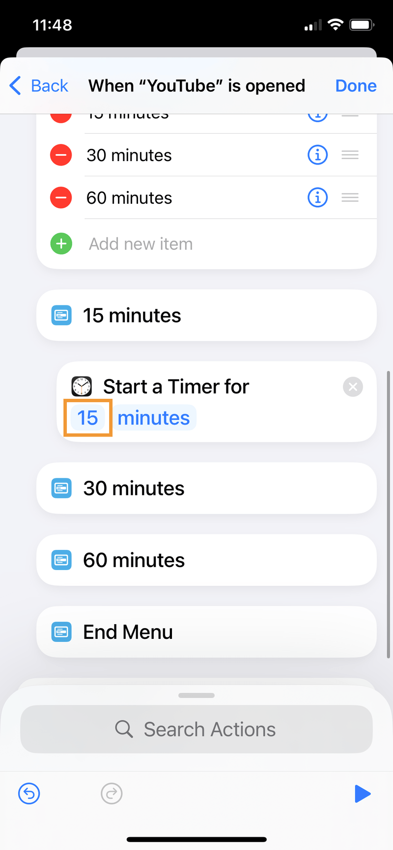 iPhone screenshot of the Start Timer block, with the Duration field set to 15