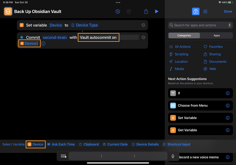 iPad screenshot of Shortcuts. The "Message" placeholder has been replaced with, "Vault autocommit on [Device]", where "Device" is the value of the Device variable. At the bottom of the screen, there's a menu where users can select a variable to insert into the message string.