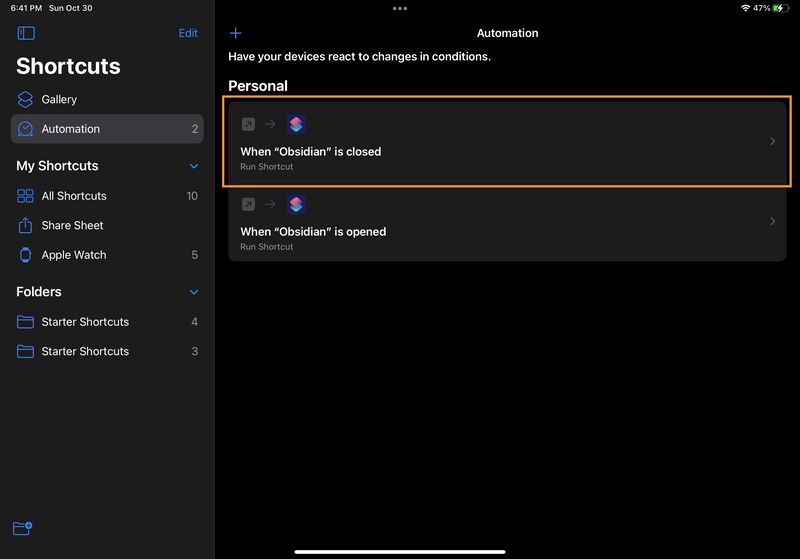 iPad screenshot of Shortcuts. On the "Automation" page, there's a new Personal automation listed, "When 'Obsidian' is closed".