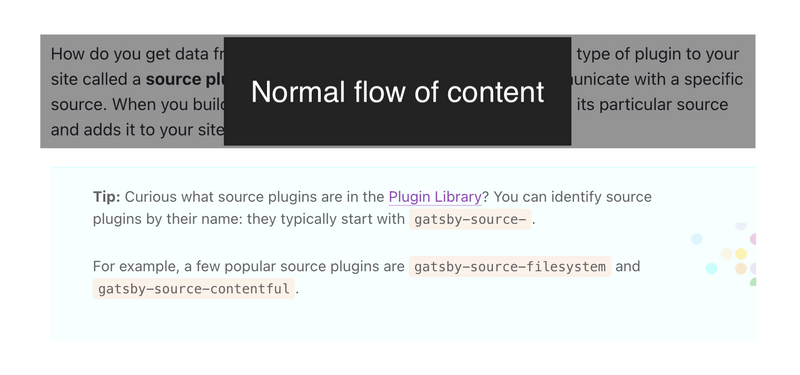 A blue callout box stands out from the rest of the page content with the following tip: "Curious what source plugins are in the Plugin Library? You can identify source plugins by their name: they typically start with gatsby-source-"