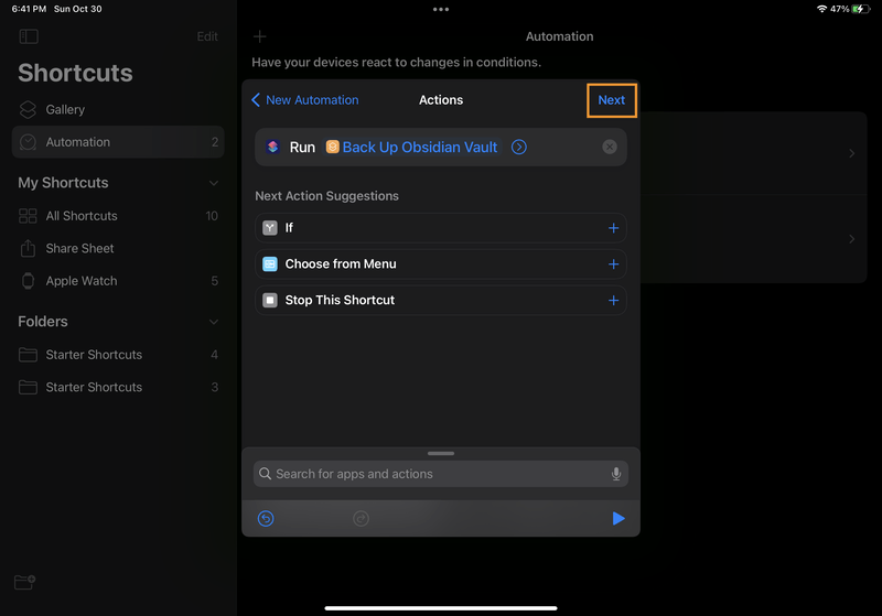 iPad screenshot of Shortcuts. In the "Actions" modal, there's a single action listed: "Run [Back Up Obsidian Vault]".