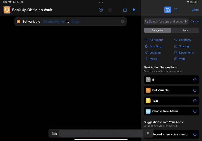 iPad screenshot of Shortcuts. The new shortcut has a single action, called "Set variable [Variable Name] to [Input]". "Variable Name" and "Input" are both clickable placeholder values.