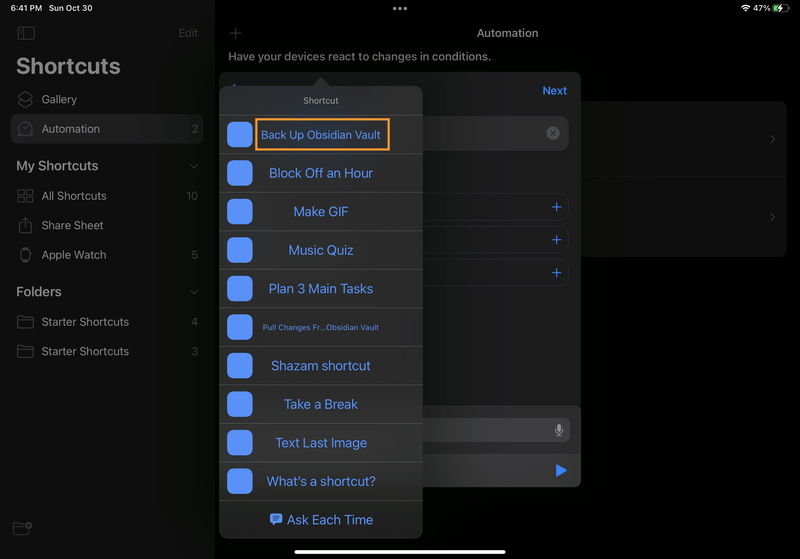 iPad screenshot of Shortcuts. The user clicked the "Shortcut" placeholder, which opened a menu of available shortcuts to run. The "Back Up Obsidian Vault" option is highlighted.