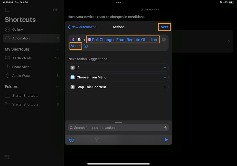 iPad screenshot of Shortcuts. In the "Actions" modal, the list of actions now says "Run Pull Changes From Remote Obsidian Vault".