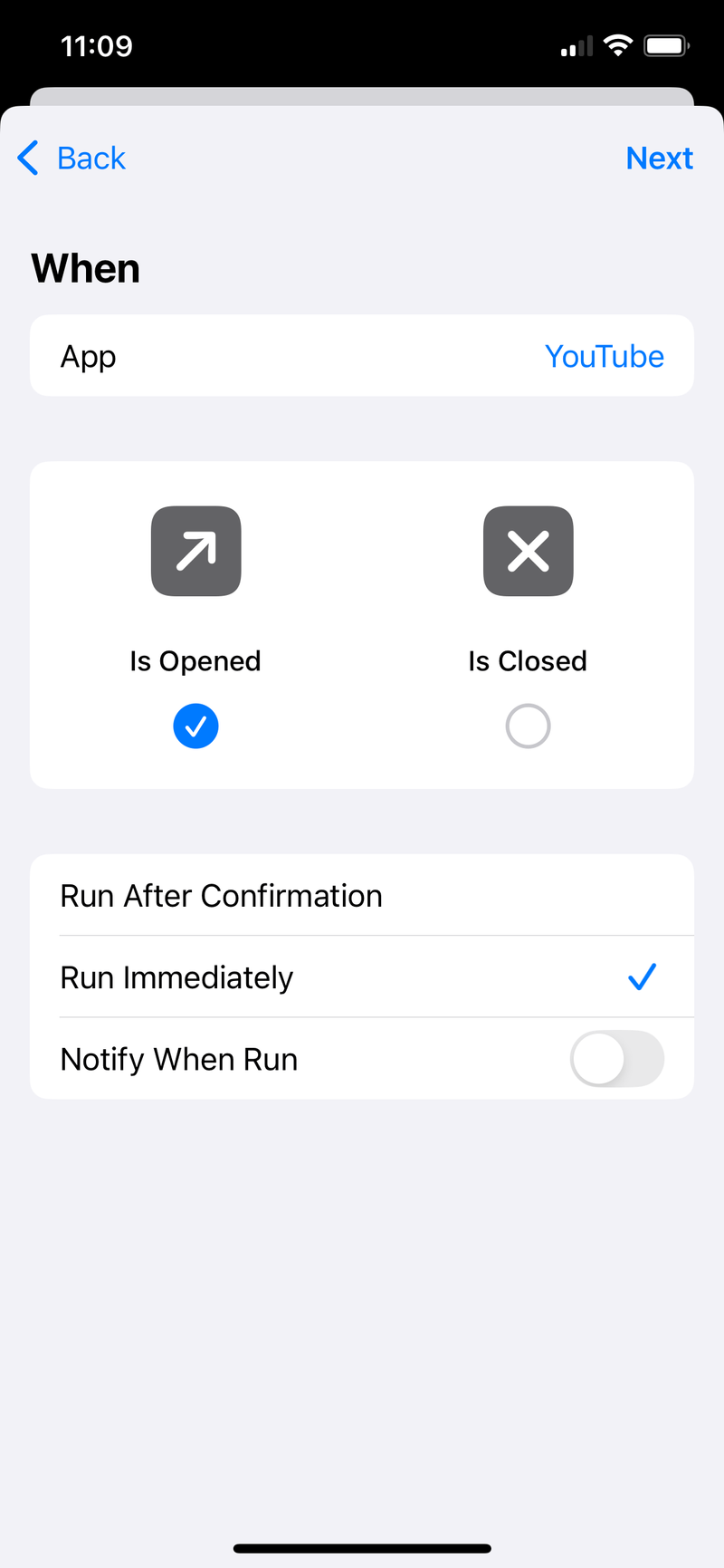 iPhone screenshot of the When menu with the options above selected.