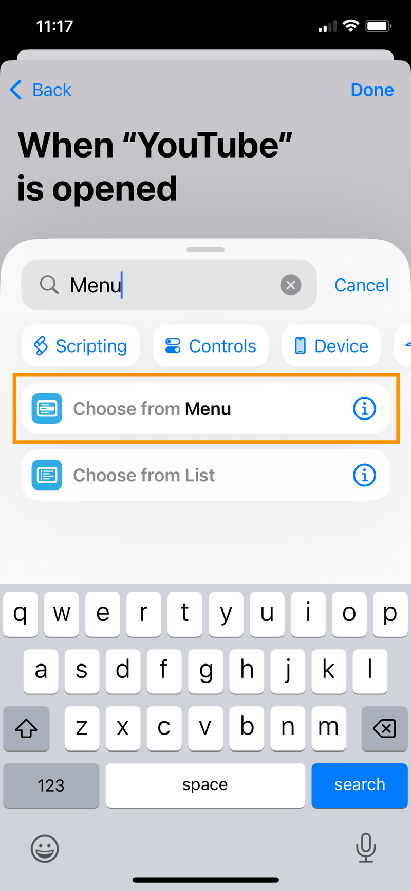 iPhone screenshot of the Shortcut search bar. The user searched for "Menu", and the search results show a "Choose from Menu" option.