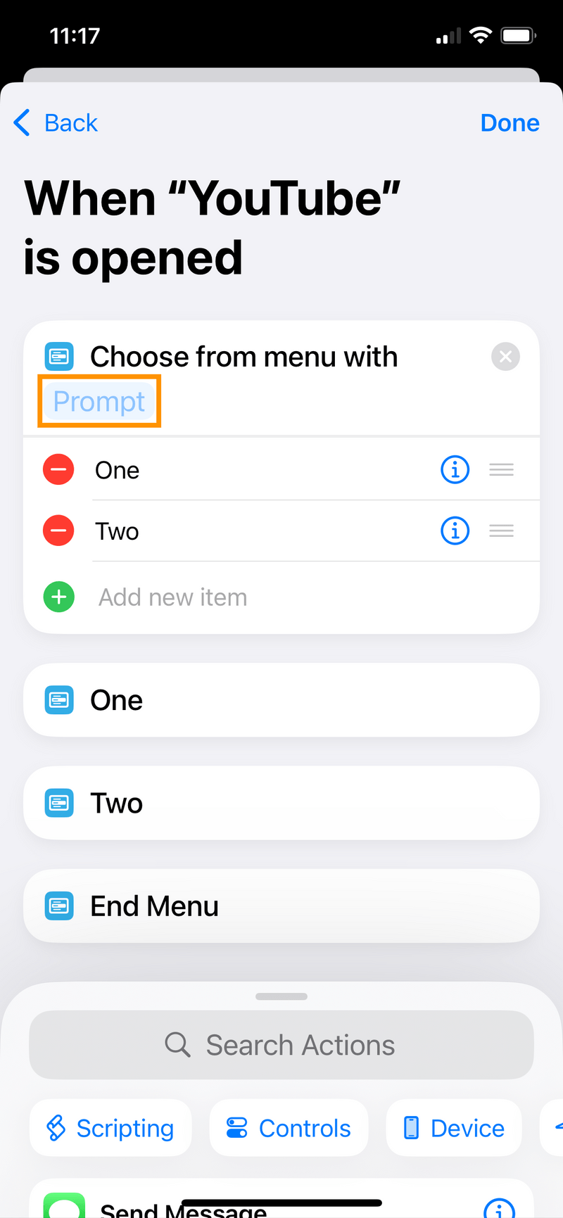 iPhone screenshot of the default menu block. The menu block says, "Choose from menu with", then shows a Prompt field where the user can type something.