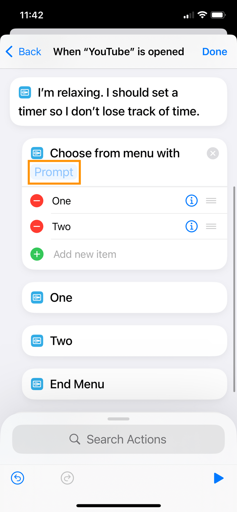 iPhone screenshot of the Shortcut body. The new menu's Prompt field is highlighted.