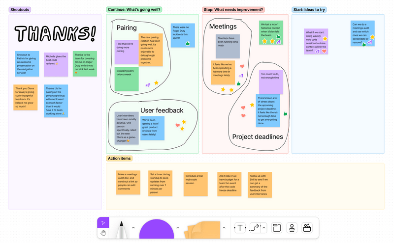 A screenshot of the same FigJam retro board from before, but with new sticky notes under the "Action Items" section. Some example cards: "Set a timer during standup to keep updates from running over 1 minute per person", "Follow up with Shili to see if we can get a summary of the feedback from user interviews", "Make a meetings audit doc, and send out a link so people can add comments"